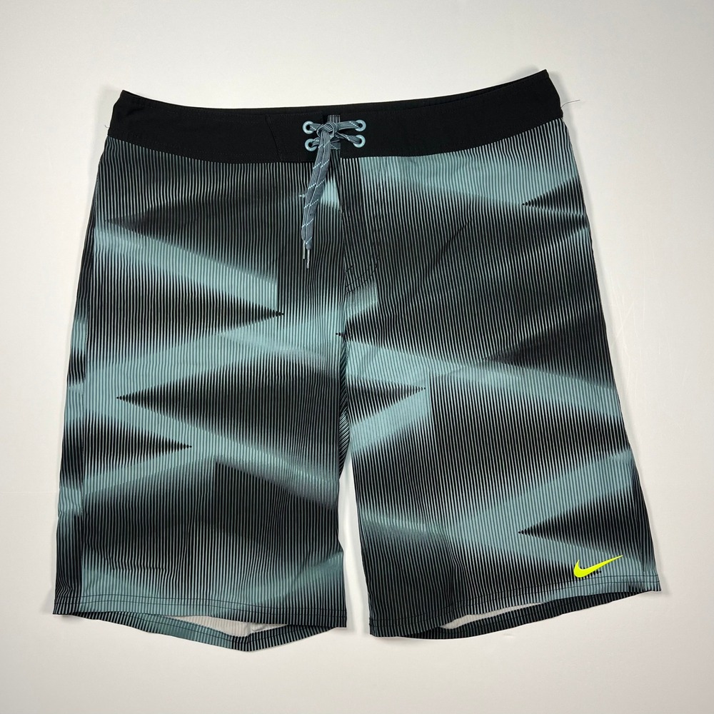 Nike Board Shorts Mens 36 Teal Black Geometric Optical Print Swim Trunks Resort